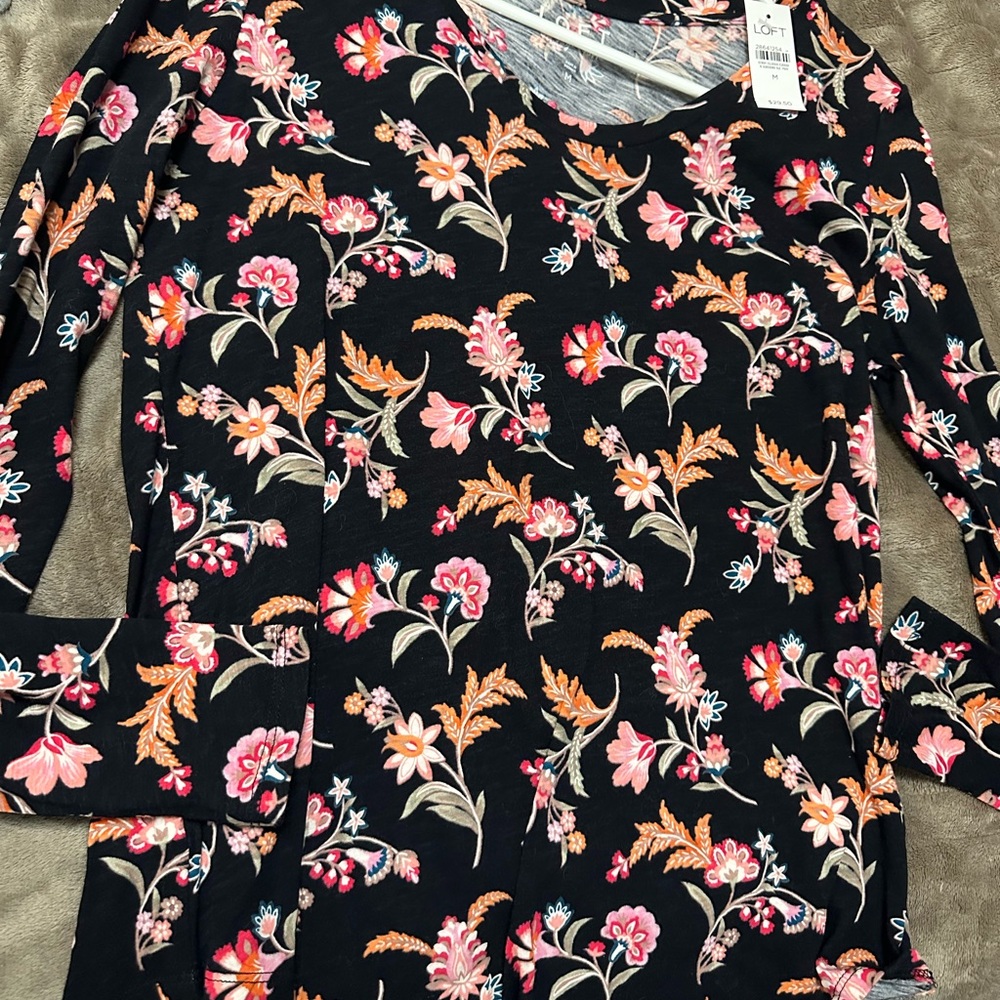 LOFT Black Top with Pink and Orange Floral Pattern - Picture 3 of 6